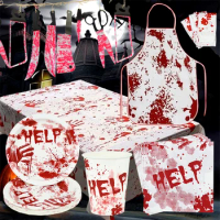 Halloween Disposable Tableware Horror Bloody Handprints Paper Plate Butcher Bloody Apron For Halloween Zombie Party Decor Props