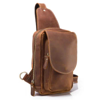Genuine Leather Men's Crossbody Bag Single Shoulder Chest Sling Pack Bag Leisure Messenger Crossbody Chest Bag for Men