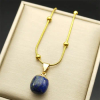 Natural Lapis Lazuli Stone Ball Shape Pendant Necklace for Women Men Stainless Steel Gold Color Handmade Crafts Vintage Jewelry