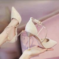 Giày Sandal Cao Gót Nữ Ngọc Trinh Store BK001 Gót Nhọn 9cm Quai Chéo Đính Đá