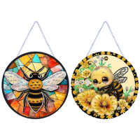Bee Diamond Painting Hanging Sign Colorful Acrylic Diamond Painting Art Pendant Diamond Painting Hanging Decor for Kid DIY Craft