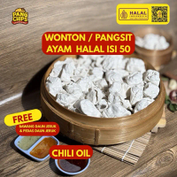 50 pcs Wonton Pangsit Ayam Free chili Oil + Bumbu Pedas Daun jeruk  Kuah Goreng by Kedai ngemil Mas 