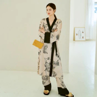 Kimono Pajama Set Women's Oversize Floral Print Silk Laides Sleepwear Saitn Luxury 2 Pieces Set Pijama Suit Pyjama for Female
