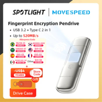 MOVESPEED USB3.2 Solid State Pendrive AES256 &amp; Fingerprint Encryption 520MB/s USB Type C Gen 2 Flash Drive 1TB 512GB 256GB 128GB