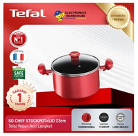 Tefal Wajan Panci Induksi Anti Lengket So Chef Stock Pot 22cm + Tutup Warna Merah dengan Lapisan Tit