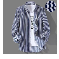 Classic Men's Plaid Shirt in Blue Gray, Long Sleeve Business Dress Shirt Slim Fit Striped Shirt Non-Iron Korean Style M-4XL 5XL