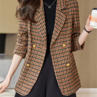Yitimuceng Work Plaid Blazer for Women Fall Winter 2023 New Vintage Long Sleeve Formal Jacket Office Ladies Casual Y2k Coats