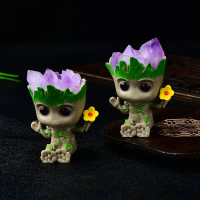 Tượng Nhỏ Groot Amethyst, Chất Liệu Tự Nhiên, Cụm Pha Lê, Đá Nghiền, Người Đàn Ông Cây Groot, Đồ Tra