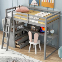 Multifunctionl Design bed,Safety Guaranteed,Twin Size Loft Bed with Desk and Shelves, Two Built-in Drawers, Gray