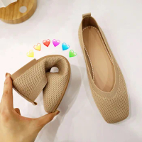 Women's Solid Flat Shoes Women Soft Comfortable Ballet Boat Sneakers Simple Knitted Square Toe Shallow Breathable Office Flats
