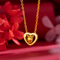 Pure 18K Gold Necklace 999 Gold Heart Pendants Rotating Ring Fine Jewelry Wedding Box Brand Trendy Gift for Women