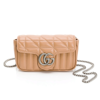 Gucci Marmont GG Super Mini 復古銀扣絎縫皮革翻蓋肩/斜背包（粉膚色）