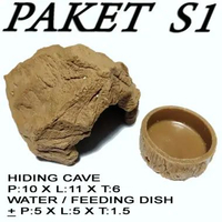 PAKET K1 MINI HIDING CAVE + WATERDISH SEPAKET PERLENGKAPAN REPTILE GOA RUMAH TEMPAT SEMBUNYI + TEMPA