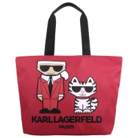 【KARL LAGERFELD 卡爾】老佛爺&amp;貓 尼龍手提旅行袋(紅)