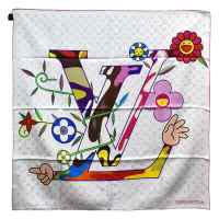 LV M96097 村上隆Monogram Superflat 90花朵圖騰方巾/絲巾(白/粉紅色)