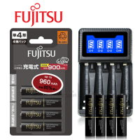 日本 Fujitsu 低自放電4號900mAh充電電池組(4號4入+四槽USB充電器+送電池盒)