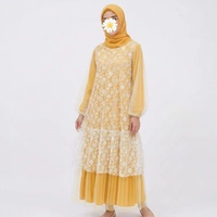 Gamis Tile Kombinasi Brukat Bunga / Dress Muslimah Pesta Kondangan Layer Tulle Lengan Balon Organza 