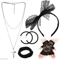 80s Fancy Dress Costume Accessories Lace Headband Earrings Fishnet Gloves Necklace Bracelet For 80s Retro Party Women Girls Fun