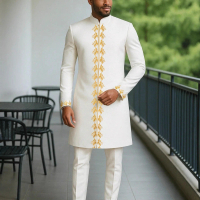 Men's stylish long-sleeved embroidered 2-piece suit for holidays and weddings, men's business suit