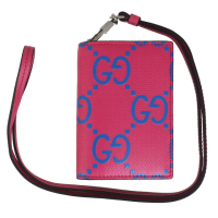 【GUCCI 古馳】雙G浮雕真皮掛繩證件夾(粉紅色/4卡)