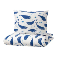 BLÅVINGAD 單人被套附一個枕頭套, 鯨魚圖案 藍色/白色, 150x200/50x80 公分