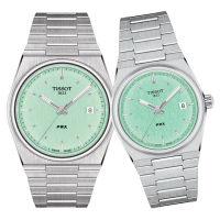 【TISSOT 天梭】PRX 復古風酒桶型石英對錶-40+35mm/薄荷綠 情人節 禮物(T1374101109101/T1372101109100)