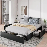 Modern Queen Size Bed Frame with 3 Storage Drawers Wooden Slat Support No Box Spring Needed Customizable Headboard Anti-Noises