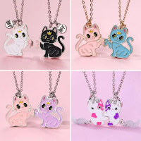 [Fashion] 2pcs Cats Magnetic Necklace for Women Girls Fashion Animal Stitching Pendant BFF Best Frie