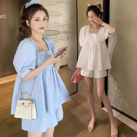 Summer New Fashionable Maternity Two-Piece Set, Suitable for Going Out, Internet Celebrity Puff Slee