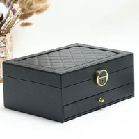 菱格紋雙層抽屜式首飾盒帶鎖高階珠寶項鍊戒指耳環飾品首飾收納盒