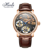 HAOFA Luxury 18K Gold Double Tourbillon Movement Skeleton Mens Watch Manual Mechanical Diamond Rose Watch For Men Sapphire K002