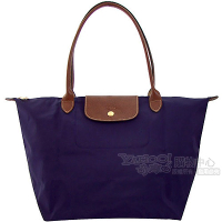 Longchamp深紫色咖啡色皮飾邊長背帶折疊水餃包(小)
