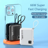 66W Mini Power Bank 10000mAh Built in Cable Fast Charging Powerbank External Battery Charger For iPhone 14 Xiaomi Samsung Huawei