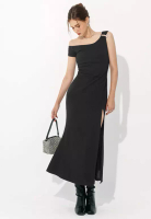 AIR SPACE Asymmetrical Neckline Midi Dress