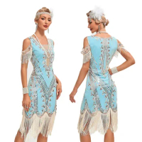 1920S Retro Prom Embroidered Tassel Dress Great Gatsby Flapper Cocktail Party Large Wedding Sequin Beaded Mesh Dress