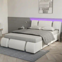 Queen/Full Size Modern LED Bed Frame Upholstered Platform Bed with Headboard for indoor bedroom furniture,White/Black