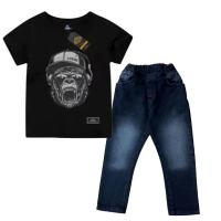 setelan anak laki laki kaos kombet 30S karakter dan celana jeans OLD hitam untuk usia anak 1-12thn