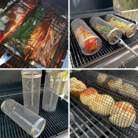 Stainless Steel Rolling Grilling Basket BBQ Basket Wire Mesh Cylinder Grill Basket Portable Round Outdoor Camping Barbecue Rack