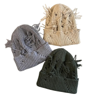 Ice Beanie for Men and Women Winter Knitted Hat with Distressed Holes Streetwear Hip Hop Style Warm