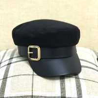復古貝雷帽女扣子黑色平頂帽秋冬報童帽子韓版日系百搭英倫海軍帽1入