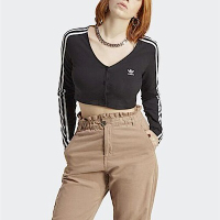 Adidas Button Ls [IC5473] 女 長袖 短版上衣 運動 休閒 鈕扣 時尚 穿搭 棉質 亞洲版 黑