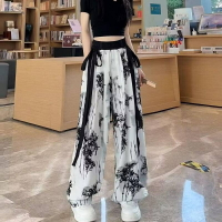 水墨印花寬褲 女夏薄款冰絲褲 涼感寬鬆長褲 休閒飄帶垂墜感直筒拖地褲 2023新款高腰顯瘦雪紡褲