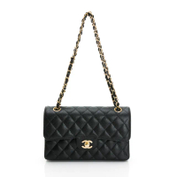 【CHANEL 香奈兒】Classic Flap bag 荔枝紋/中型菱格/金黑雙色鏈帶/包身較長 23cm(黑)