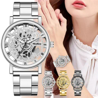 New Fashion Women Hollow Skeleton Faux Mechanical Watch Ladies Stainless Steel Quartz Wrist Watches For Female Relogio Feminino