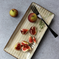 復古線條長條盤陶瓷壽司盤子魚盤創意西餐甜點盤長方盤日式料理盤