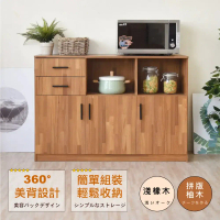 【HOPMA】美背現代三門二抽五格廚房櫃 台灣製造 櫥櫃 電器櫃 收納櫃 微波爐櫃 儲藏櫃 餐廚櫃#拼版柚木-拼版柚木