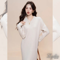 【Lydia】現貨 針織洋裝 秋冬新款休閒百搭氣質V領長袖洋裝(米白、杏、黑)