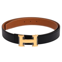 預購 Hermes 愛馬仕 經典金色H LOGO雙面兩穿小牛皮腰帶/皮帶(黑X駝H073967CA-H064544CC-BLK BROWN-GP)