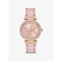 【Michael Kors】Parker 粉紅芭比時尚女錶陶瓷x玫瑰金色不鏽鋼錶帶/(MK7371)
