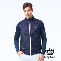 【KING GOLF】門市新品-男款薄款滿版皇冠數位印花立領拉鍊高爾夫球外套背心(黑色)